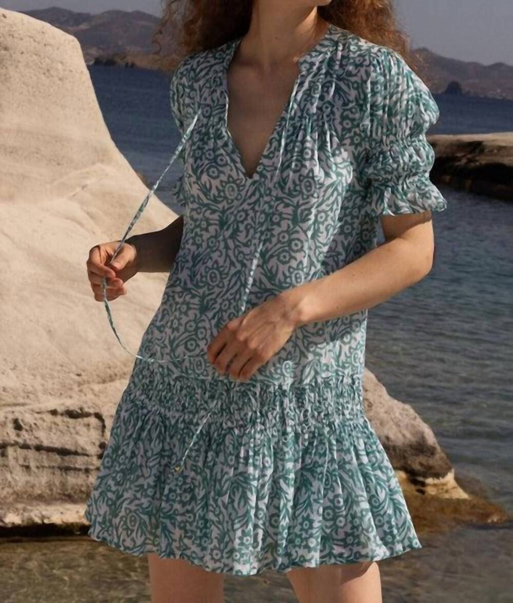 OLIPHANT Smocked Drop Waist Mini Dress Capri Blue Puff Sleeve Tuckernuck S